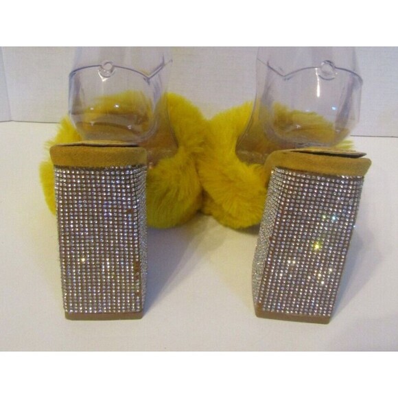 Cape Robbin Heels Yellow Plush Fluffy Rhinestone Heels Sherpa Mules Womens Sz 8 - Picture 7 of 10